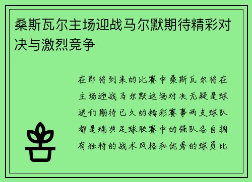 桑斯瓦尔主场迎战马尔默期待精彩对决与激烈竞争